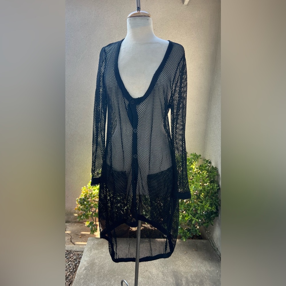 Black sheer net cardigan or swimsuit coverup pockets button OS